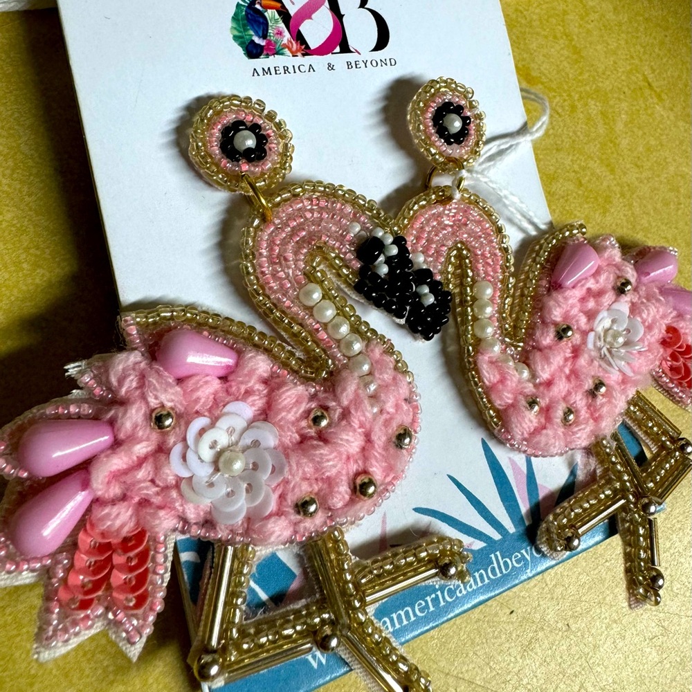 America & Beyond Large Hand Beaded Flamingo Earrings—-Cute